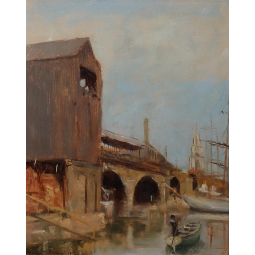 192 - BERNHARD SICKERT (1862 – 1932) (Brother of Walter Sickert) OIL PAINTING ON BOARD‘Limehouse Basin wit... 