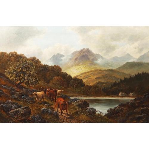 193 - I JONES OIL PAINTING ON CANVAS ‘Highland Cattle Loch Ettef’ Signed lower right 24” x 36” (60.9 x 91.... 