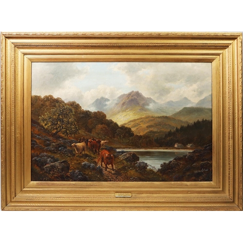 193 - I JONES OIL PAINTING ON CANVAS ‘Highland Cattle Loch Ettef’ Signed lower right 24” x 36” (60.9 x 91.... 