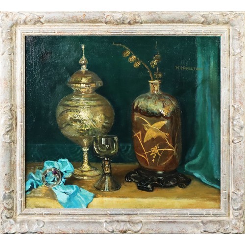 195 - M. HAMILTON (circa 1930s) OIL PAINTING Still life with glass vase and cover, oriental vase, a glass ... 