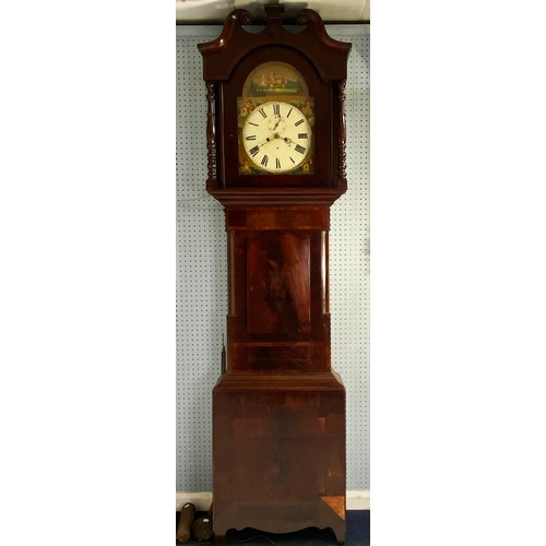 60 - NINETEENTH CENTURY FIGURED MAHOGANY LONGCASE CLOCK, the 14” painted Roman dial with subsidiary secon... 