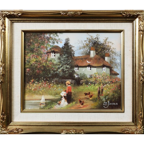 205 - LES PARSON (b. Rochdale 1945) PAIR OF OIL PAINTINGS ON CANVAS Country scenes with children, one - Bl... 