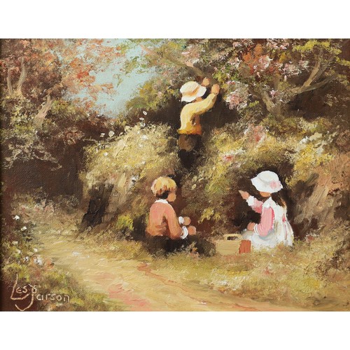 205 - LES PARSON (b. Rochdale 1945) PAIR OF OIL PAINTINGS ON CANVAS Country scenes with children, one - Bl... 