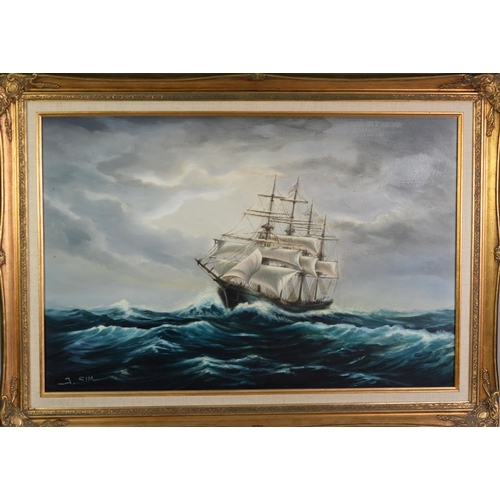 181 - J SIM (TWENTIETH CENTURY) OIL ON CANVAS Four masted ship under sail on rough water Signed 19 ¾” x 29... 