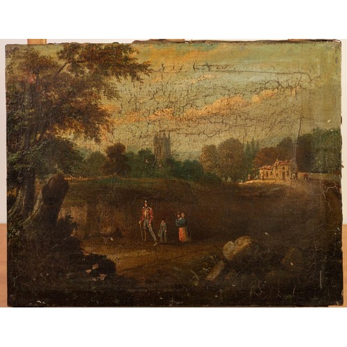 212 - BRITISH SCHOOL (Early 19th Century) OIL PAINTING ON ORIGINAL CANVAS Rural landscape with a military ... 