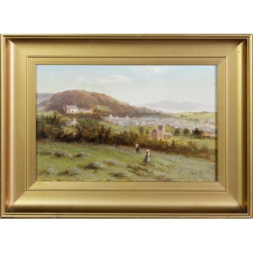 216 - ALEXANDER SCOTT (19th/20th Century) OIL PAINTING ON CANVAS-BOARD Landscape with figures haymaking, v... 