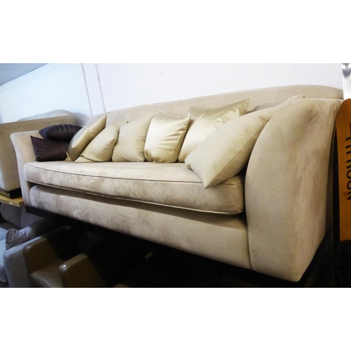 167 - A CREAM SUEDE LARGE SETTEE, ON PLINTH BASE AND A TWO SEATER SETTEE ENSUITE (2)