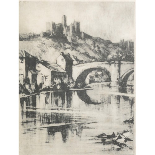 137 - FOUR ORIGINAL ETCHINGS AND AN ARTIST SIGNED ETCHINGDogs (unframed)River scene with castle on hillInt... 