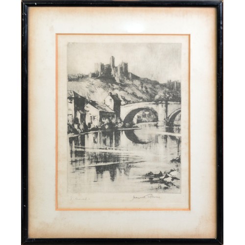 137 - FOUR ORIGINAL ETCHINGS AND AN ARTIST SIGNED ETCHINGDogs (unframed)River scene with castle on hillInt... 