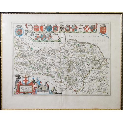 110 - ANTIQUE HAND COLOURED MAP OF ‘THE NORTH RIDING OF YORKSHIRE’ BY JOAN BLAEU, with fourteen heraldic s... 