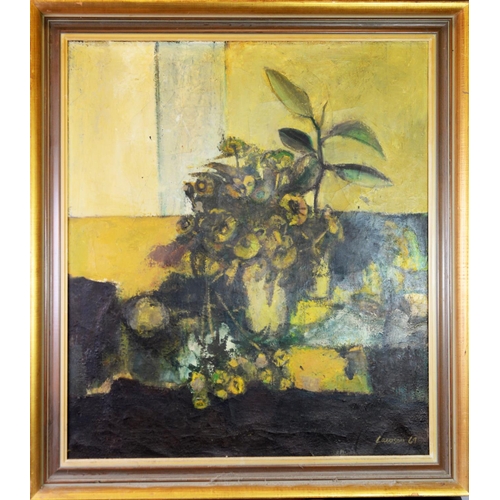 181 - IAN LAWSON (b.1931)OIL ON CANVAS‘Dea…’, flowers in a vase Signed and dated (19)69, titled to label v... 