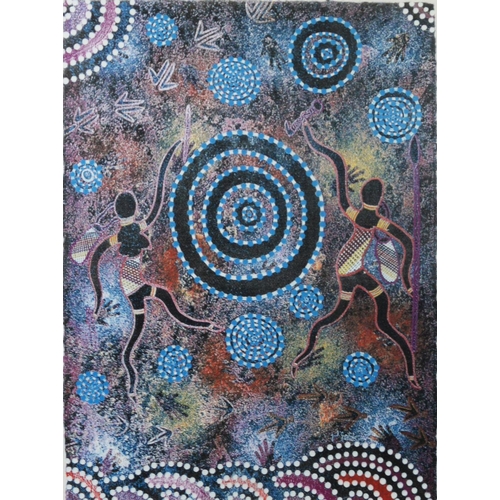 182 - MODERN ABORIGINAL ART THREE WORKS GOUACHE ON FABRIC LINDA BROWN MABANUNGA‘Water Hole Dreaming’ 19 ½”... 