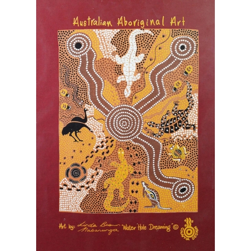 182 - MODERN ABORIGINAL ART THREE WORKS GOUACHE ON FABRIC LINDA BROWN MABANUNGA‘Water Hole Dreaming’ 19 ½”... 