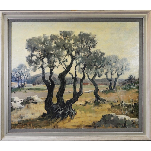 184 - ELY LAUMONIER (1895-?) OIL ON CANVAS Rural landscape with trees in the foreground and dwelling in th... 