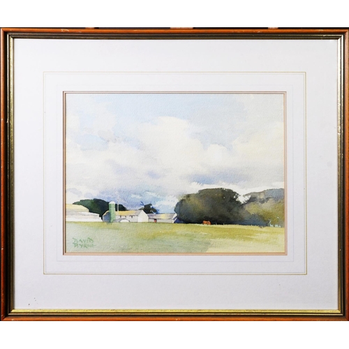 187 - DAVID BYRNE (TWENTIETH CENTURY) WATERCOLOUR Rural landscape with farm buildings in the distance Sign... 