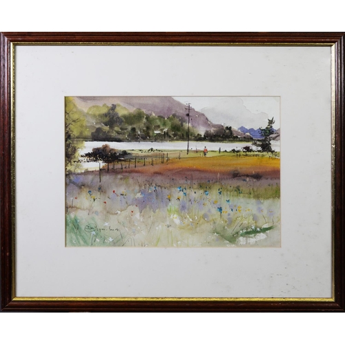 187 - DAVID BYRNE (TWENTIETH CENTURY) WATERCOLOUR Rural landscape with farm buildings in the distance Sign... 