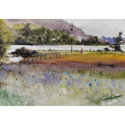 187 - DAVID BYRNE (TWENTIETH CENTURY) WATERCOLOUR Rural landscape with farm buildings in the distance Sign... 