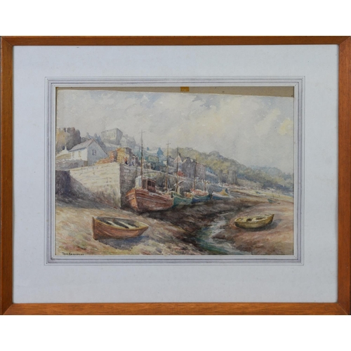 204 - ARTHUR WATT (NINETEENTH/ TWENTIETH CENTURY)WATERCOLOUR Harbour scene with moored boats Signed, obscu... 