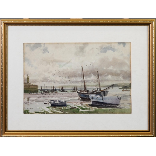 204 - ARTHUR WATT (NINETEENTH/ TWENTIETH CENTURY)WATERCOLOUR Harbour scene with moored boats Signed, obscu... 