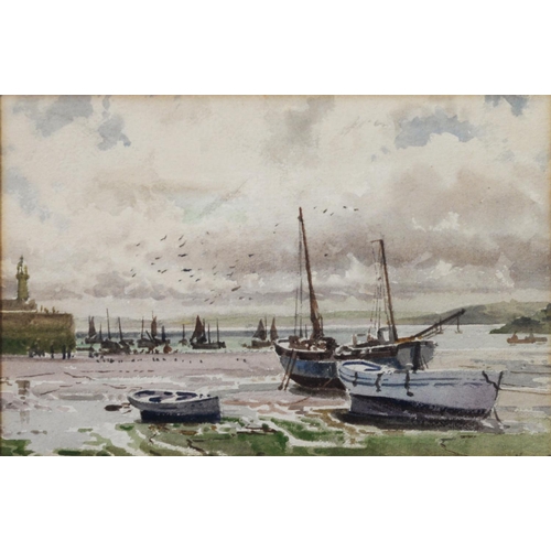 204 - ARTHUR WATT (NINETEENTH/ TWENTIETH CENTURY)WATERCOLOUR Harbour scene with moored boats Signed, obscu... 