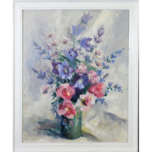 205 - JOHN CHIRNSIDE (TWENTIETH CENTURY)OIL ON BOARD Flowers in a vase Signed and with hand written note d... 