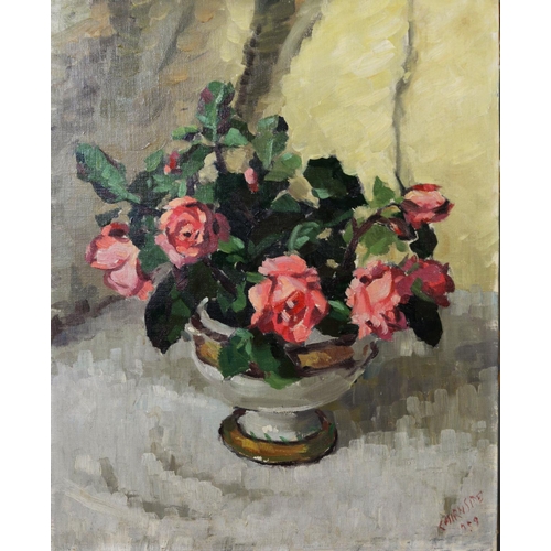 205 - JOHN CHIRNSIDE (TWENTIETH CENTURY)OIL ON BOARD Flowers in a vase Signed and with hand written note d... 