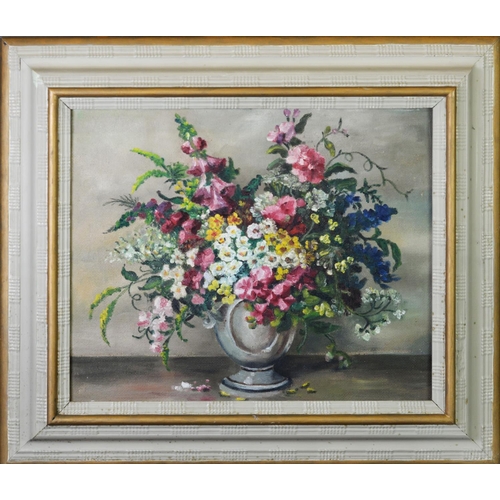 205 - JOHN CHIRNSIDE (TWENTIETH CENTURY)OIL ON BOARD Flowers in a vase Signed and with hand written note d... 