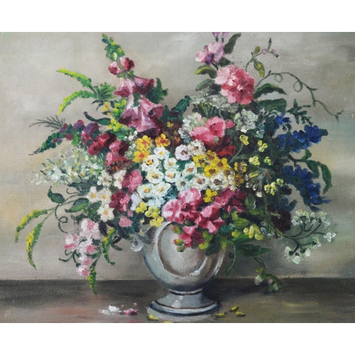 205 - JOHN CHIRNSIDE (TWENTIETH CENTURY)OIL ON BOARD Flowers in a vase Signed and with hand written note d... 