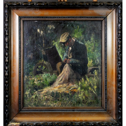 206 - INITIALLED G B (EARLY TWENTIETH CENTURY)OIL ON BOARD Seated figure mending nets Initialled and dated... 