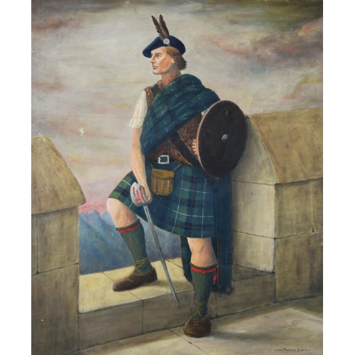 208 - W TANSLEY SCOTT (TWENTIETH CENTURY)OIL ON CANVAS Scottish soldier in traditional dress, holding shie... 