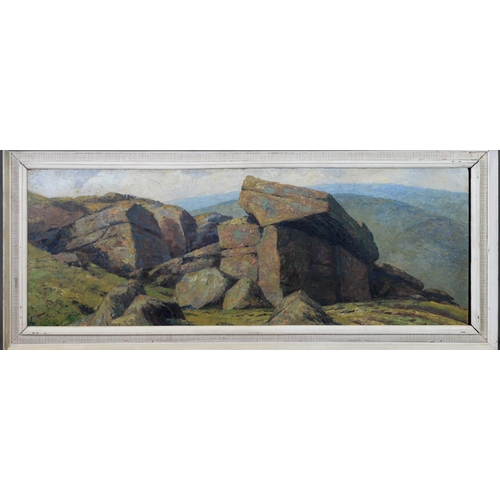 210 - J HOUGH (TWENTIETH CENTURY) OIL ON BOARD Rock formation Signed 12 ¾” x 36” (32.3cm x 91.4cm) UNATTRI... 