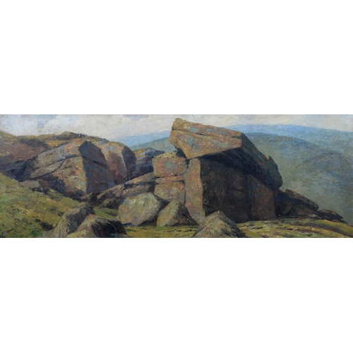 210 - J HOUGH (TWENTIETH CENTURY) OIL ON BOARD Rock formation Signed 12 ¾” x 36” (32.3cm x 91.4cm) UNATTRI... 