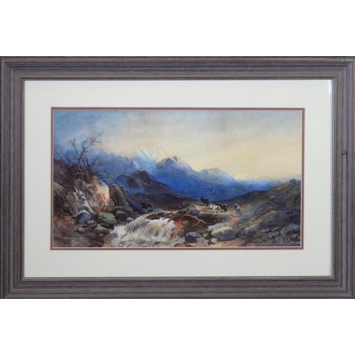 215 - UNATTRIBUTED (NINETEENTH/ EARLY TWENTIETH CENTURY) WATERCOLOUR Highland stream with drover and cattl... 