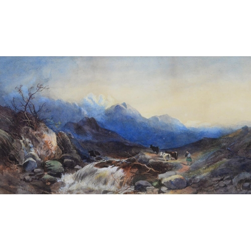 215 - UNATTRIBUTED (NINETEENTH/ EARLY TWENTIETH CENTURY) WATERCOLOUR Highland stream with drover and cattl... 