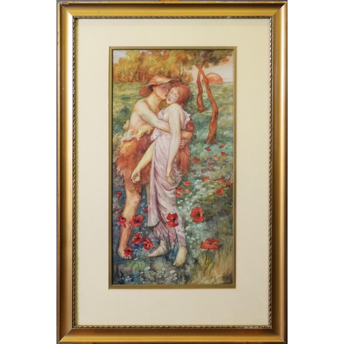 221 - UNATTRIBUTED (TWENTIETH CENTURY)WATERCOLOUR IN THE PRE RAPHAELITE STYLECouple embracing in a field o... 