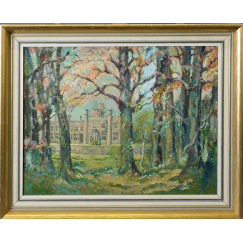 222 - UNATTRIBUTED (TWENTIETH CENTURY) OIL ON CANVAS View of a stately house through trees Unsigned 13 ¼” ... 