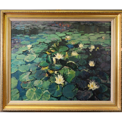 224 - ANTHONY BUTLER (TWENTIETH CENTURY) OIL ON BOARD‘Water Lilies’ Signed and titled to ‘Deeside Art Grou... 