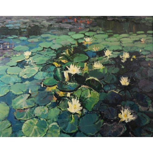 224 - ANTHONY BUTLER (TWENTIETH CENTURY) OIL ON BOARD‘Water Lilies’ Signed and titled to ‘Deeside Art Grou... 