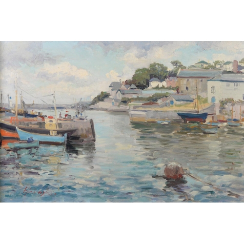 228 - TUSON (TWENTIETH CENTURY) OIL ON BOARD Harbour scene Signed 13 ½” x 17 ¼” (34.3cm x 43.9cm) AND TWO ... 