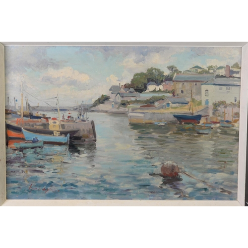 228 - TUSON (TWENTIETH CENTURY) OIL ON BOARD Harbour scene Signed 13 ½” x 17 ¼” (34.3cm x 43.9cm) AND TWO ... 