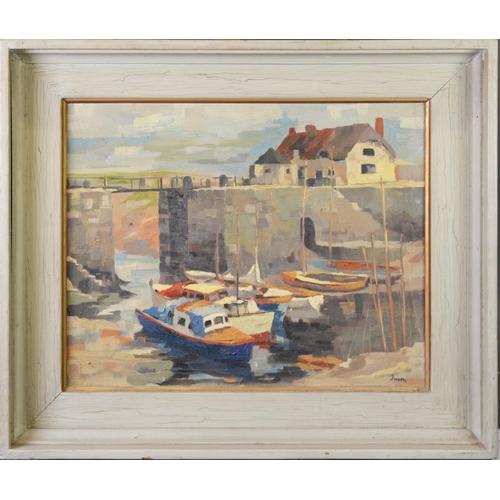 228 - TUSON (TWENTIETH CENTURY) OIL ON BOARD Harbour scene Signed 13 ½” x 17 ¼” (34.3cm x 43.9cm) AND TWO ... 