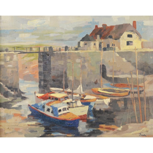 228 - TUSON (TWENTIETH CENTURY) OIL ON BOARD Harbour scene Signed 13 ½” x 17 ¼” (34.3cm x 43.9cm) AND TWO ... 