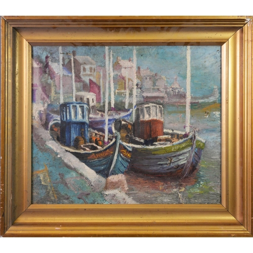 228 - TUSON (TWENTIETH CENTURY) OIL ON BOARD Harbour scene Signed 13 ½” x 17 ¼” (34.3cm x 43.9cm) AND TWO ... 