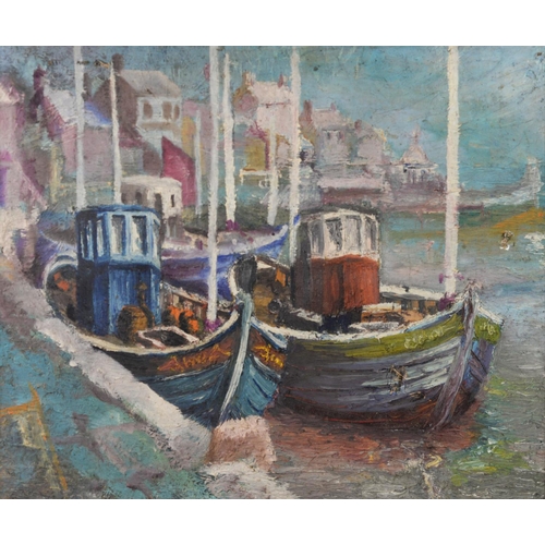 228 - TUSON (TWENTIETH CENTURY) OIL ON BOARD Harbour scene Signed 13 ½” x 17 ¼” (34.3cm x 43.9cm) AND TWO ... 