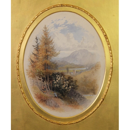 231 - WILLIAM HULL (1820-1880) OVAL WATERCOLOUR Lakeland landscape with figures in the foregroundSigned an... 