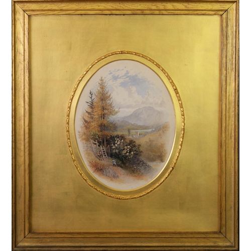 231 - WILLIAM HULL (1820-1880) OVAL WATERCOLOUR Lakeland landscape with figures in the foregroundSigned an... 