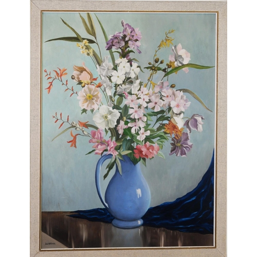 235 - D J BROWN (TWENTIETH CENTURY) OIL ON BOARD Jug of flowers Signed 23 ¾” x 17 ¾” (60.3cm x 45cm) TWO A... 