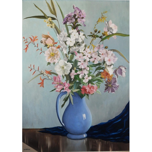 235 - D J BROWN (TWENTIETH CENTURY) OIL ON BOARD Jug of flowers Signed 23 ¾” x 17 ¾” (60.3cm x 45cm) TWO A... 