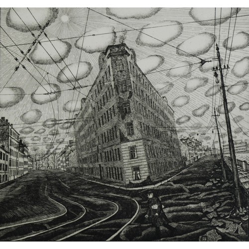 130 - ELENA NOVIKOVA (b.1958) ARTIST SIGNED LIMITED EDITION ETCHINGStreet scene with figure and tram lines... 