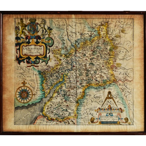 117 - CHRISTOPHER SAXTON ANTIQUE HAND COLOURED MAP OF GLOUCESTERSHIRE (GLOCESTRIAE) 11” X 12 ¼” (28cm X 31... 